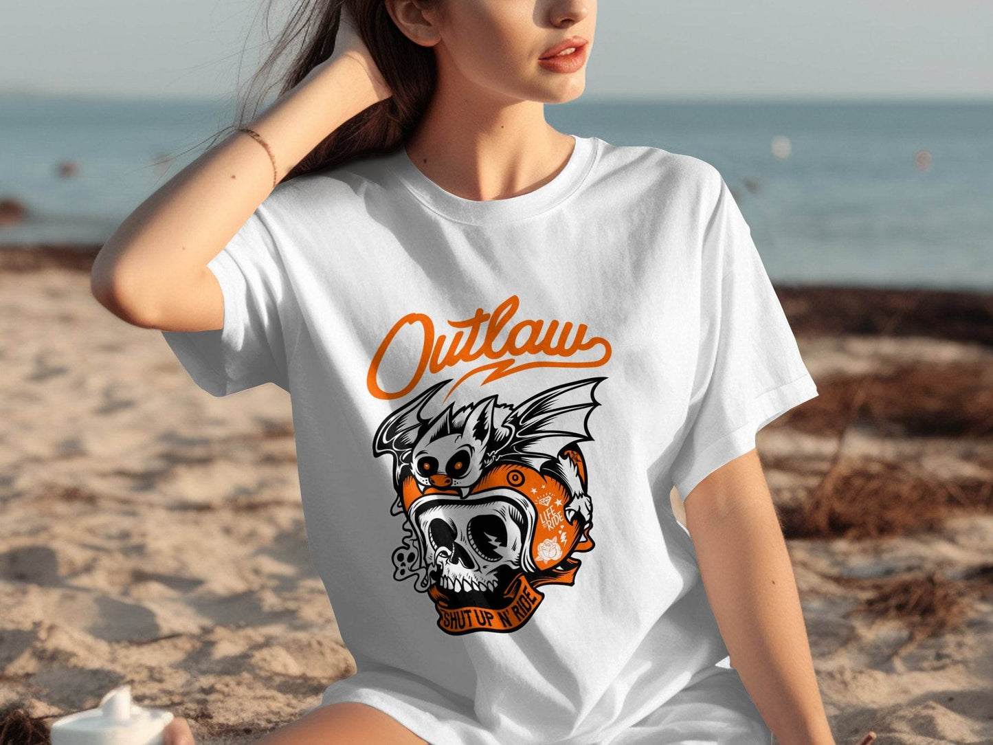 Bold Graphic Outlaw Bat Illustration on Skull T-Shirt - Design & Vybe