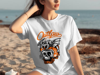Bold Graphic Outlaw Bat Illustration on Skull T-Shirt - Design & Vybe