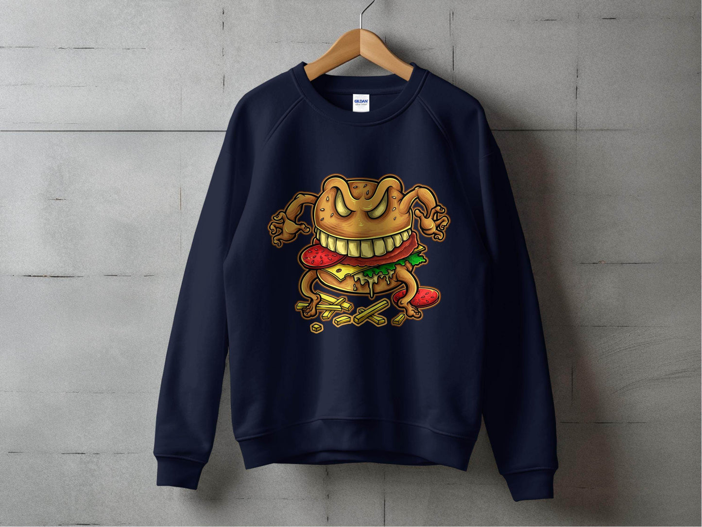 Quirky Cartoon Monster Cheeseburger Graphic Sweater - Design & Vybe