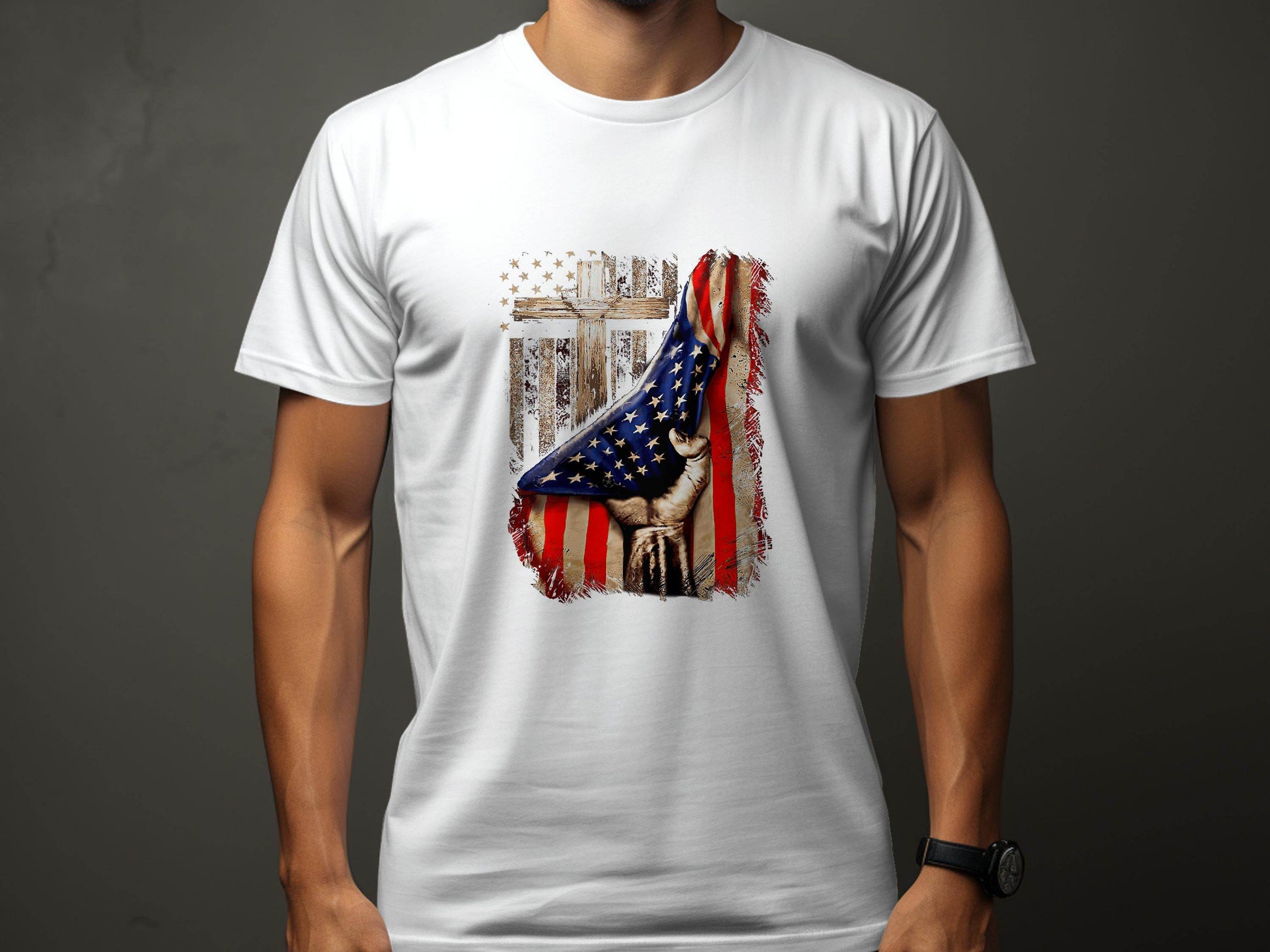 American Flag Plus Cross Held in Hand Design T-Shirt - Design & Vybe