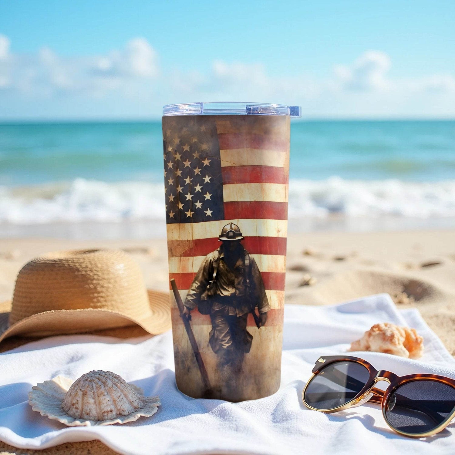 American Firefighter in Front of US Flag Image Tumbler - Design & Vybe