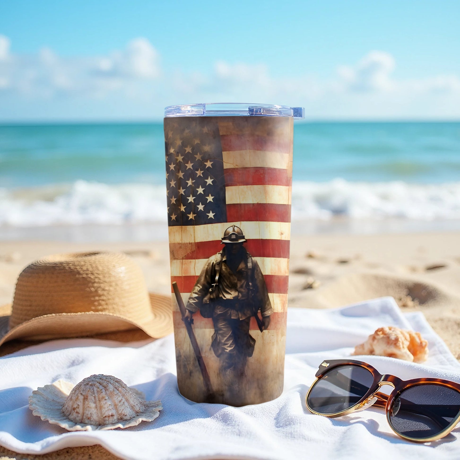 Patriotic Firefighter With USA Flag Tumbler product