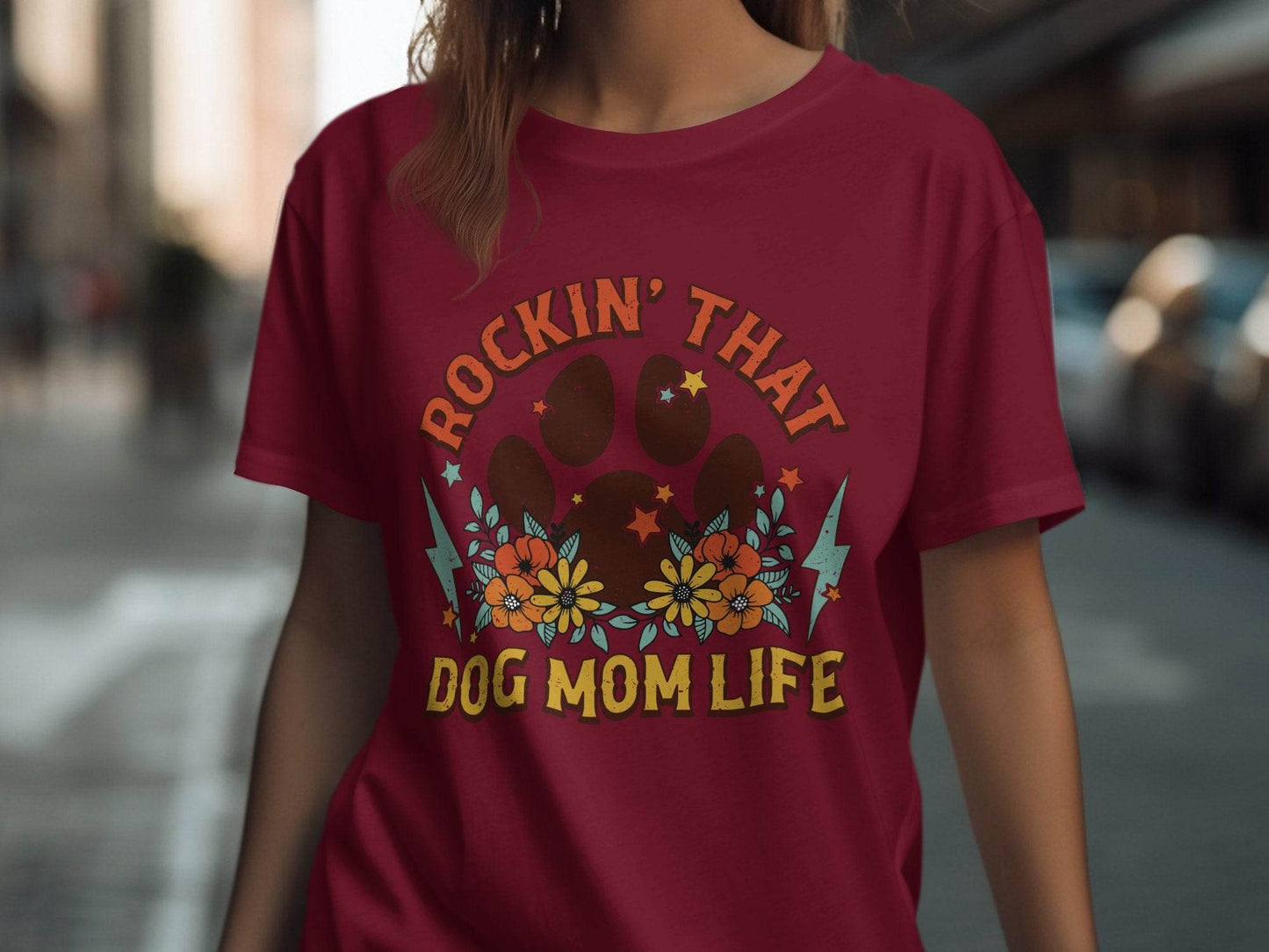 Rockin' That Dog Mom Life With Paw and Flowers T-Shirt - Design & Vybe