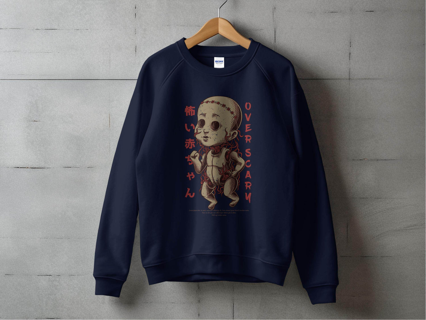 Scary Doll with Japanese Text Design Trendy Over Scary Sweater - Design & Vybe