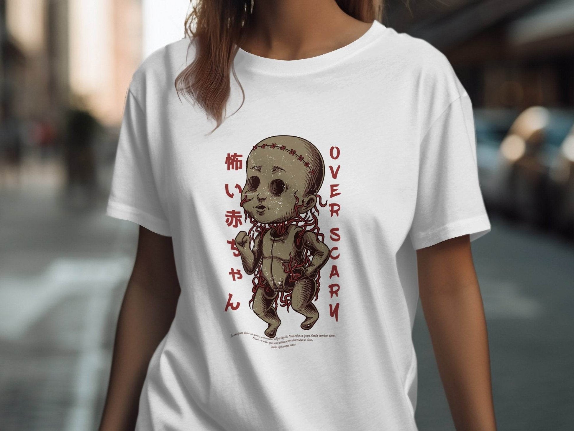Scary Doll with Japanese Text Design Trendy Over Scary T-Shirt - Design & Vybe