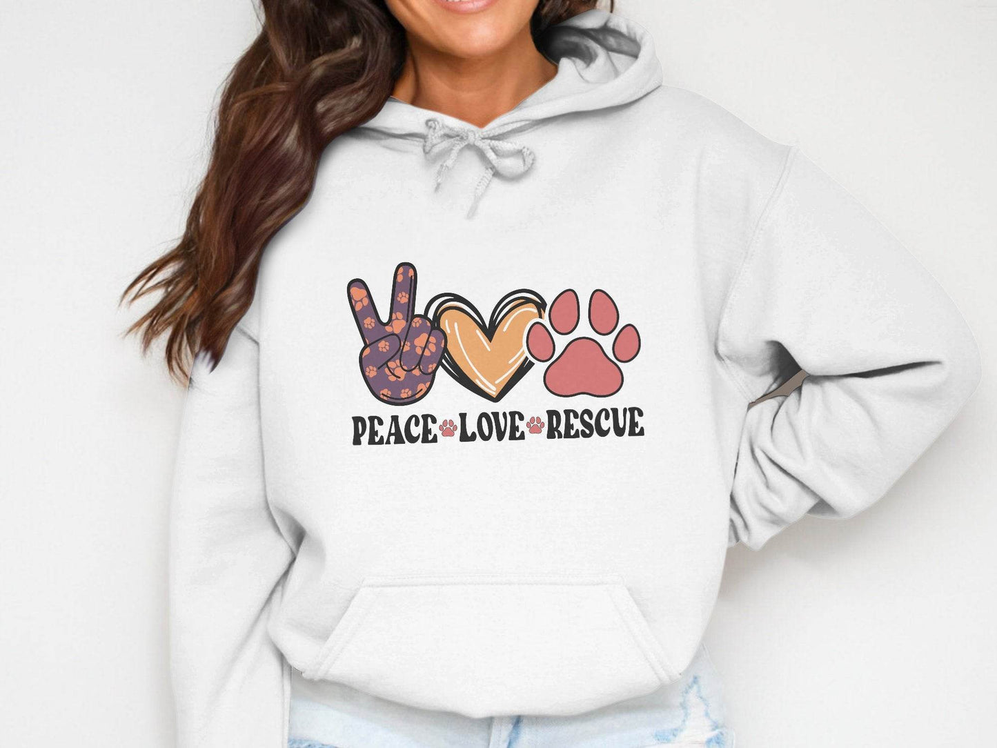 Peace Love Rescue Dog Paw Heart Pet Lover Graphic Hoodie - Design & Vybe