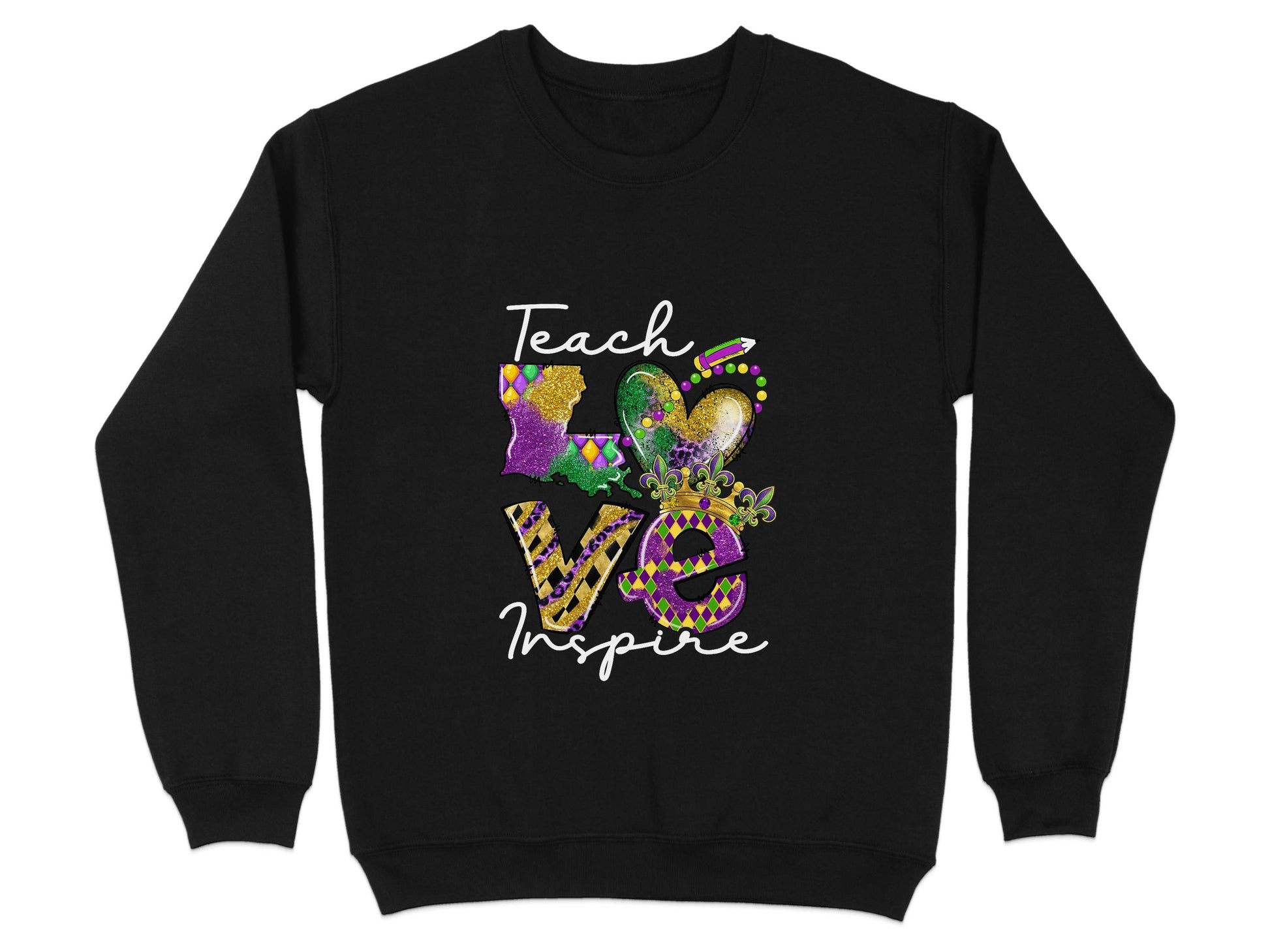 Teach Love Inspire Louisiana Heart Crown Mardi Gras Sweater - Design & Vybe