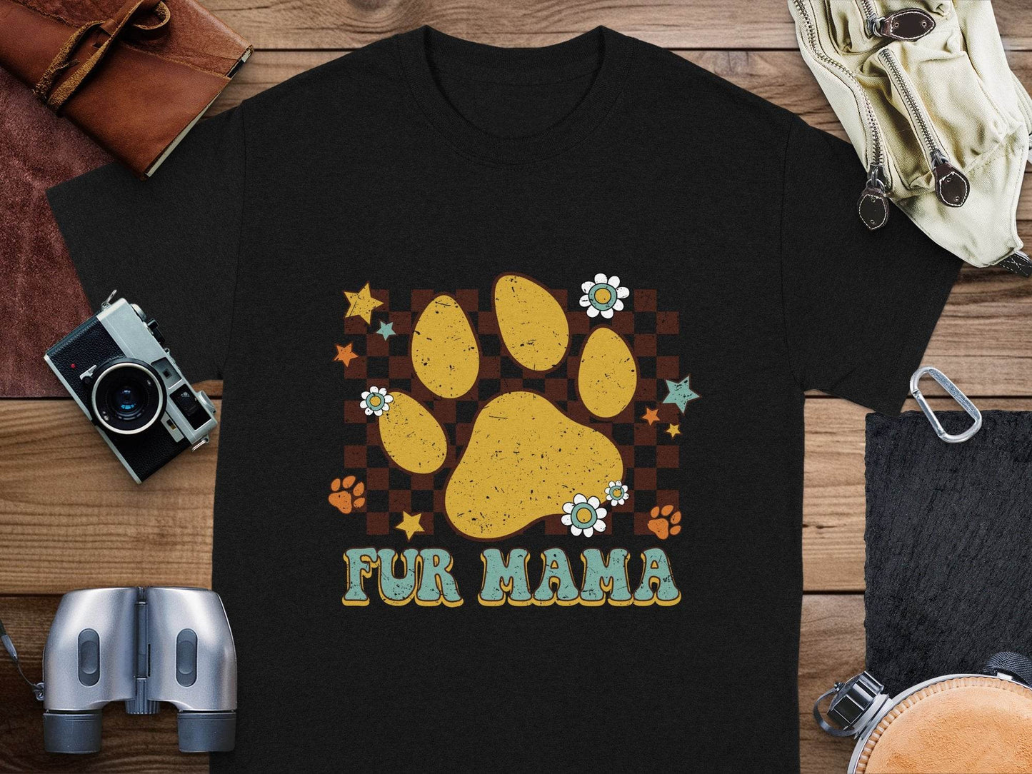 Fur Mama Paw Print Stars Flowers Checkered Pattern T-Shirt - Design & Vybe