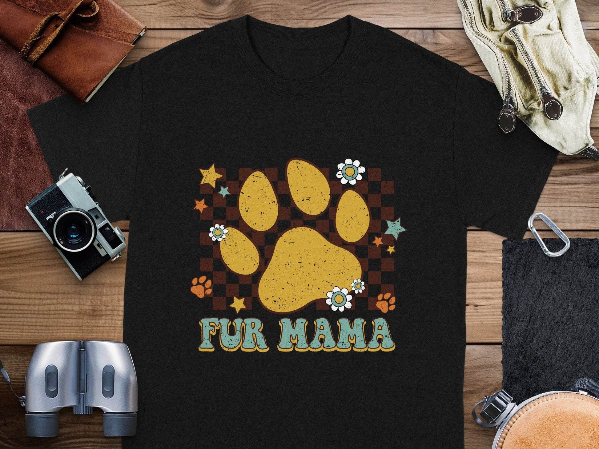 Fur Mama Paw Print Stars Flowers Checkered Pattern T-Shirt - Design & Vybe