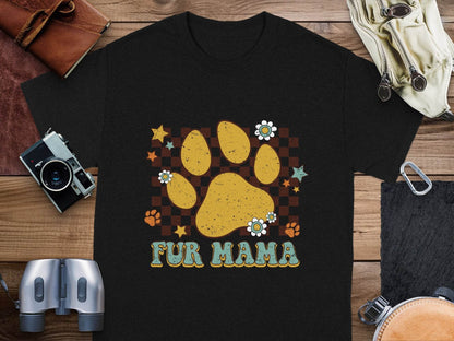 Fur Mama Paw Print Stars Flowers Checkered Pattern T-Shirt - Design & Vybe