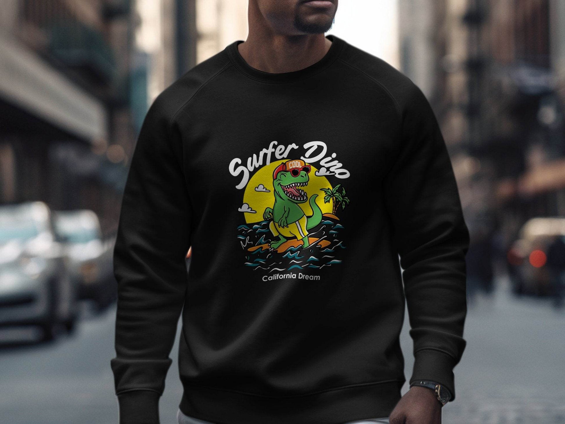 Cool Dinosaur Surfing Printed Stylish Sweater - Design & Vybe