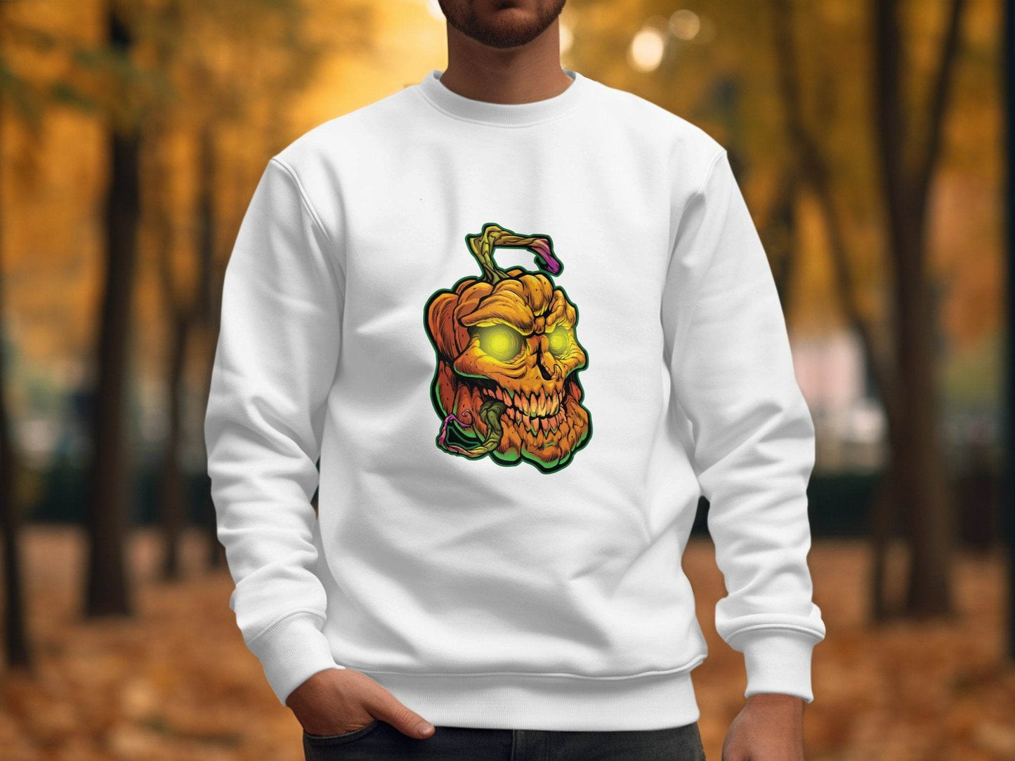 Glowing Eye Spooky Scary Pumpkin Skull Halloween Sweater - Design & Vybe