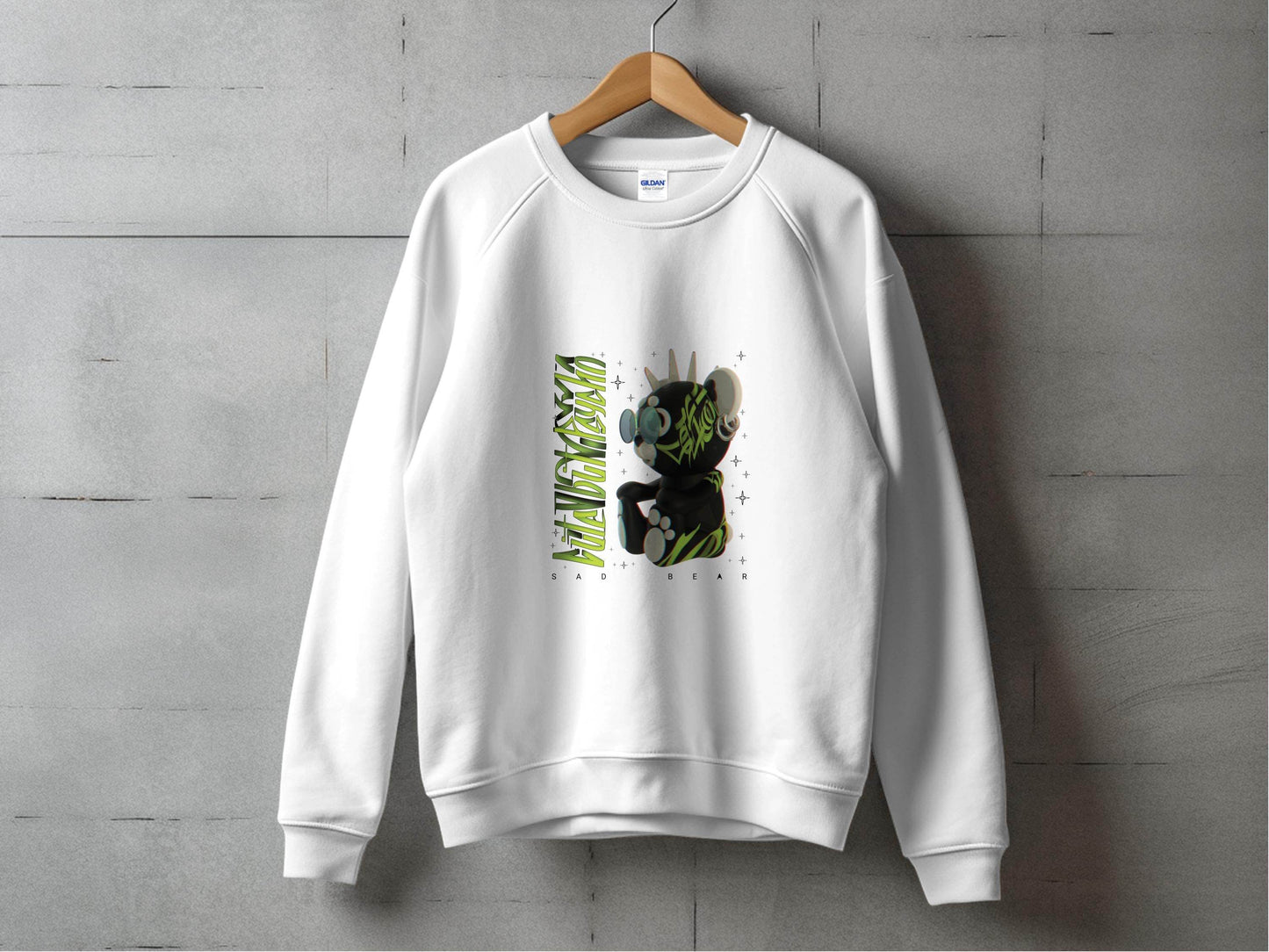 Sad Bear Black With Neon Green Graphics Design Sweater - Design & Vybe