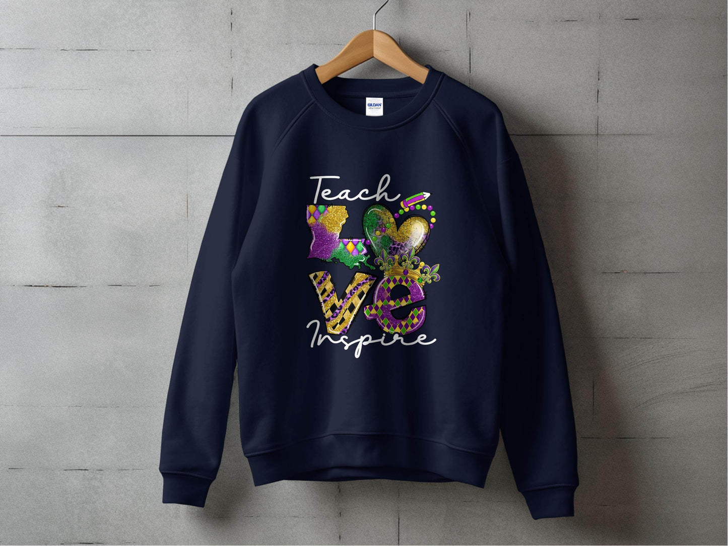 Teach Love Inspire Louisiana Heart Crown Mardi Gras Sweater - Design & Vybe