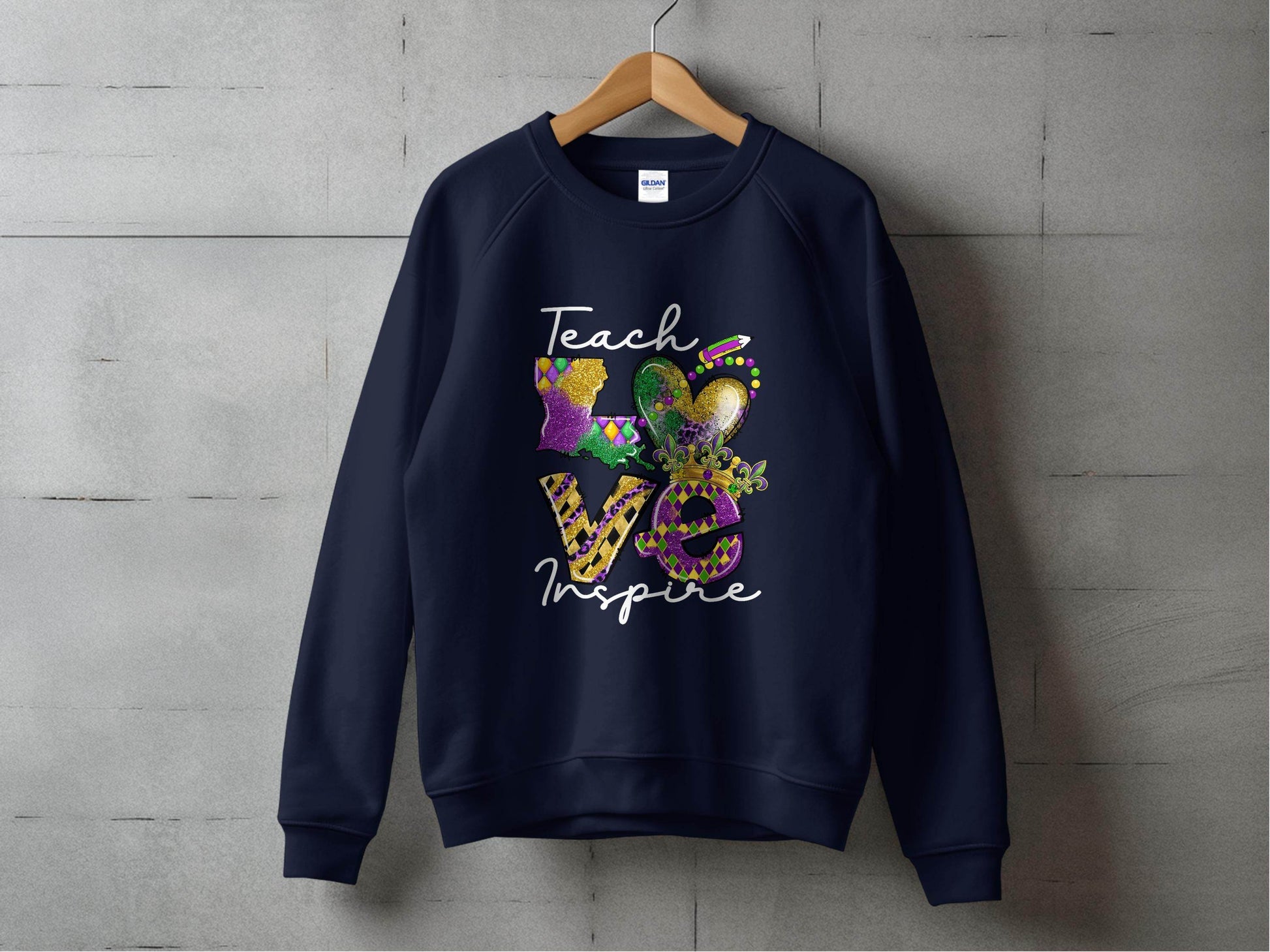 Teach Love Inspire Louisiana Heart Crown Mardi Gras Sweater - Design & Vybe