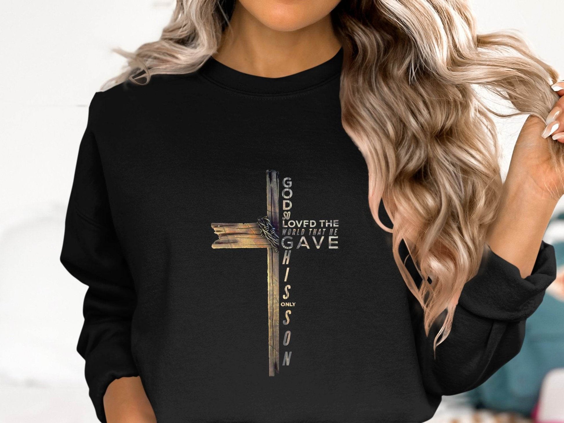God so Loved the World Christian Wooden Cross Bible Sweater - Design & Vybe
