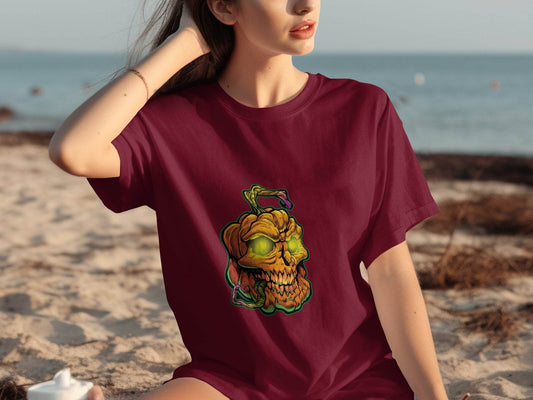 Glowing Eye Spooky Scary Pumpkin Skull Halloween T-Shirt - Design & Vybe