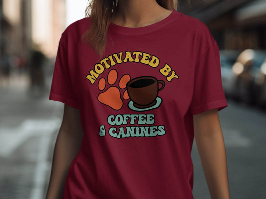 Motivated By Coffee Canines Graphic Art Novelty T-Shirt - Design & Vybe