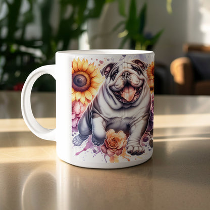 Happy Bulldog With Sunflowers Art Coffee Mug product