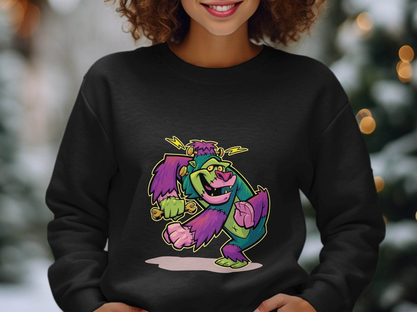 Cartoon Frankenstein with Lightning Strikes Above Sweater - Design & Vybe