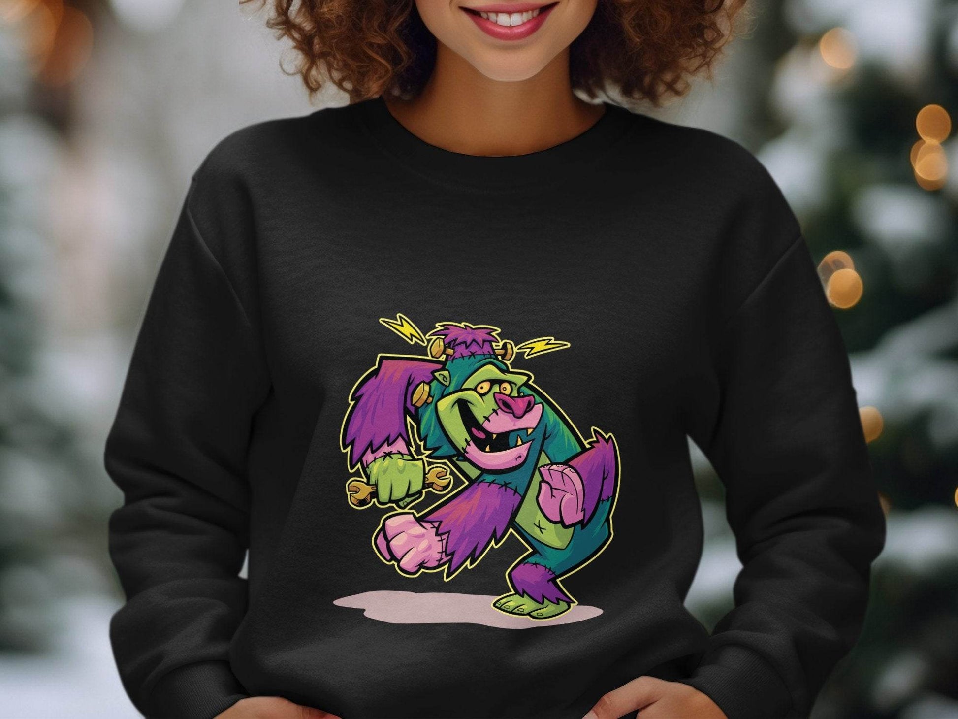 Cartoon Frankenstein with Lightning Strikes Above Sweater - Design & Vybe