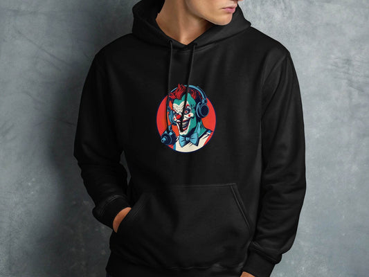 Evil Clown with Headphones Graphic Design Funny Hoodie - Design & Vybe
