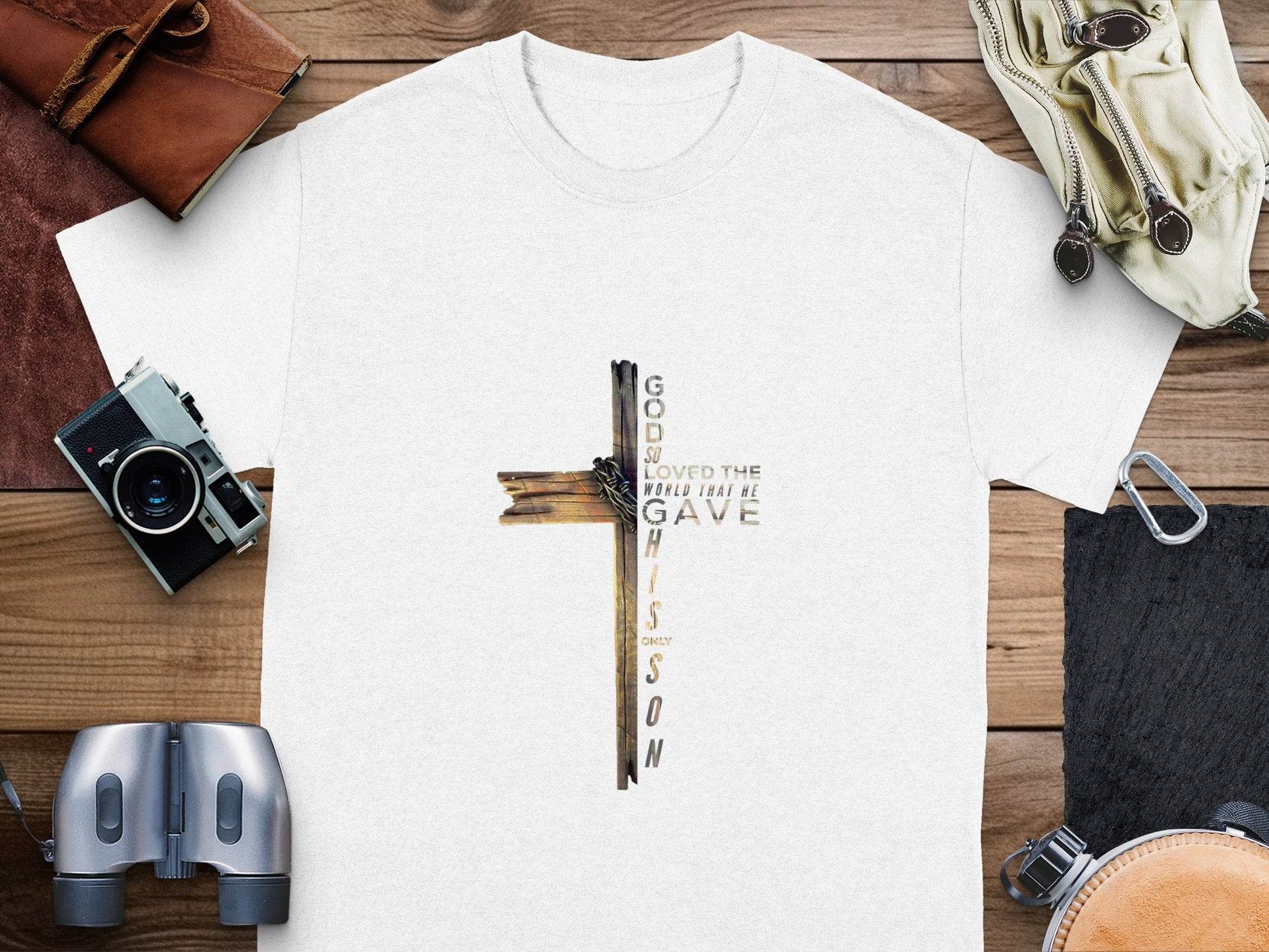 God so Loved the World Christian Wooden Cross Bible T-Shirt - Design & Vybe