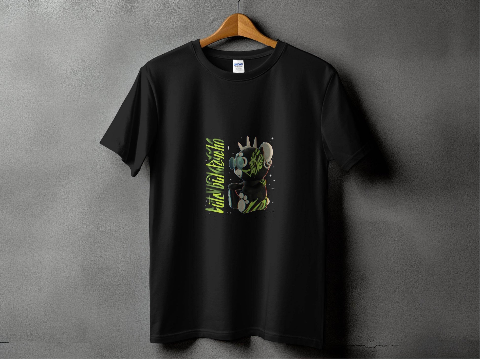 Sad Bear Black With Neon Green Graphics Design T-Shirt - Design & Vybe