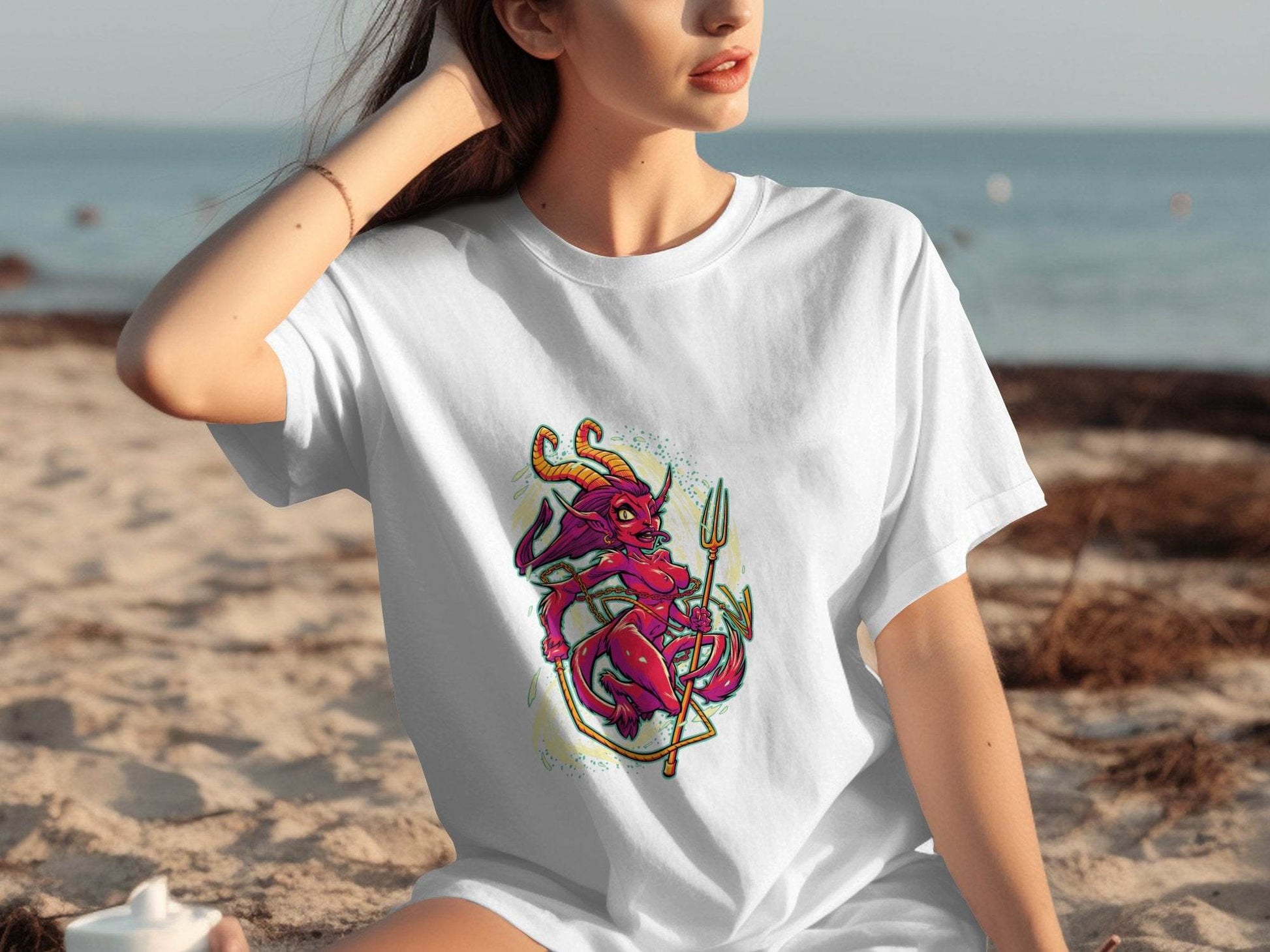 Fiery Temptress Devil Girl Art With A Pitchfork T-Shirt - Design & Vybe