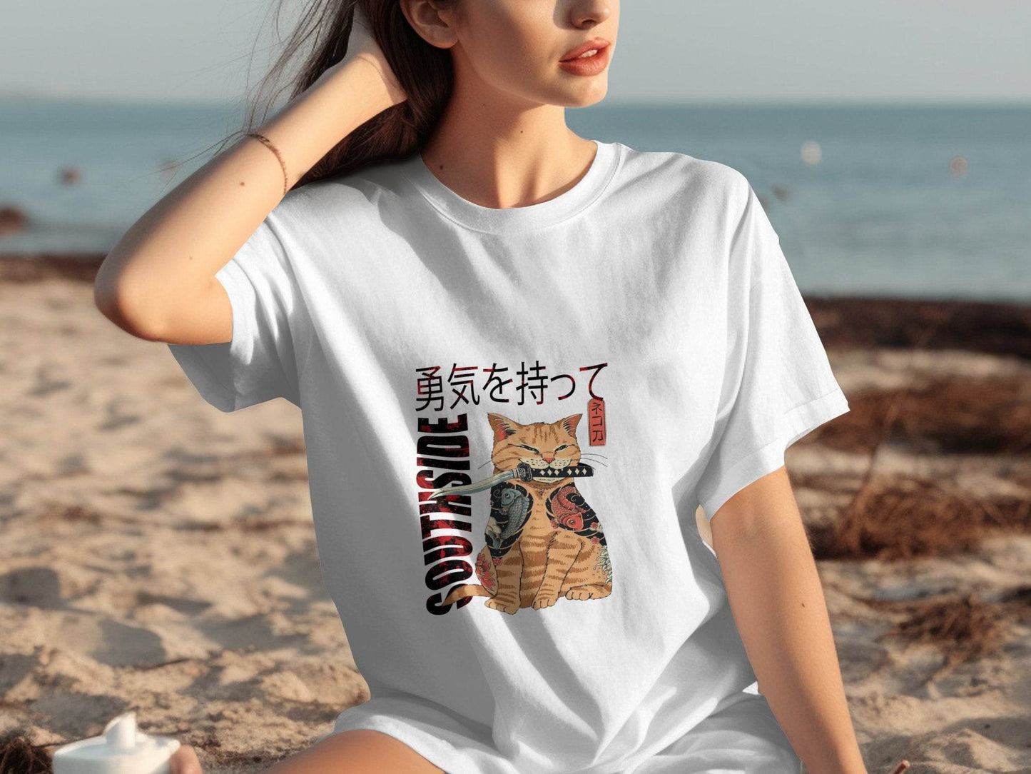 Tattooed Cat with Sword and Japanese Southside Text Design T-Shirt - Design & Vybe