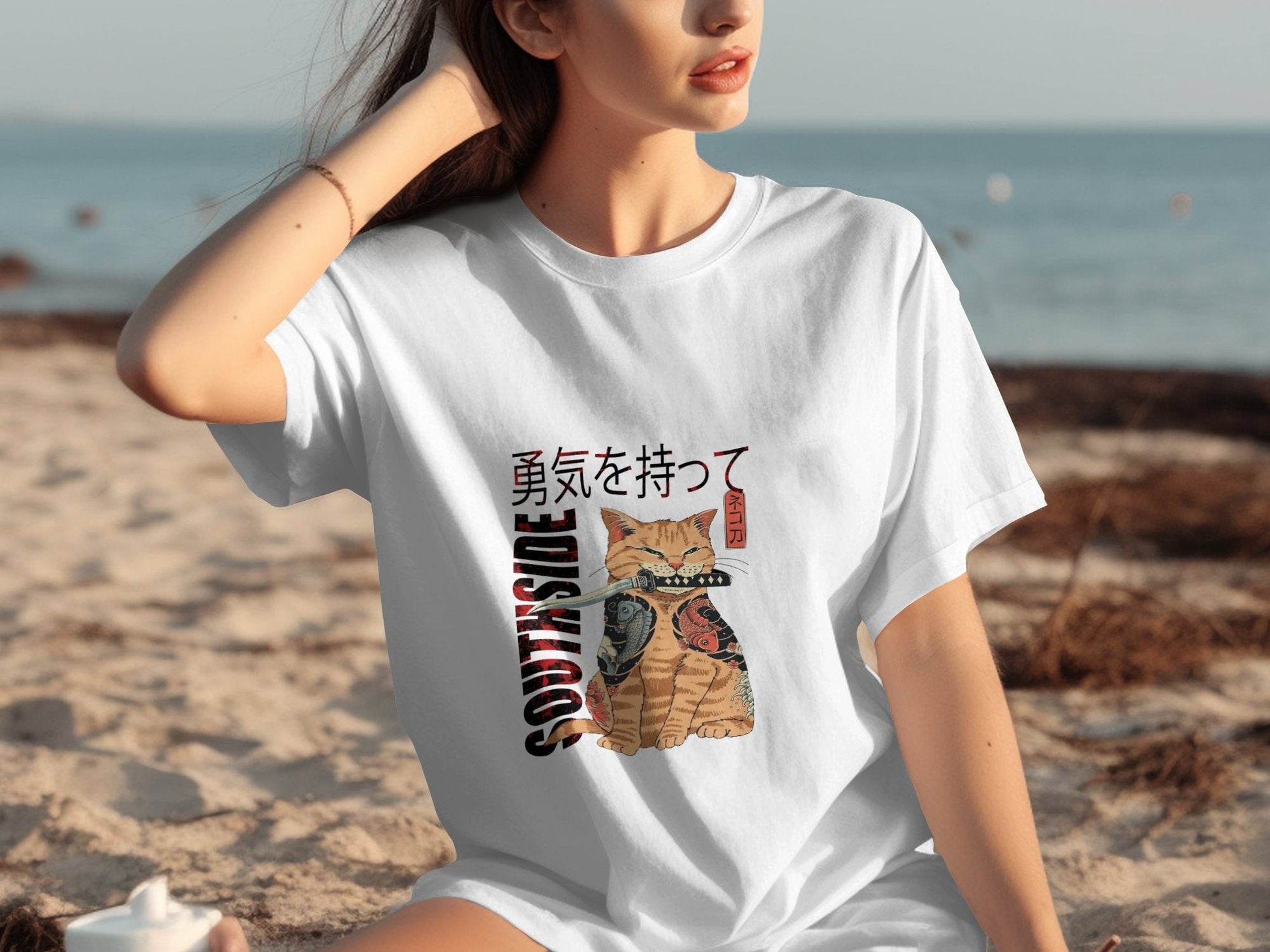 Tattooed Cat with Sword and Japanese Southside Text Design T-Shirt - Design & Vybe
