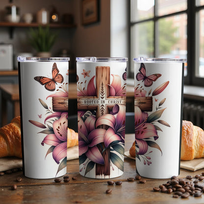 Rooted In Christ Tumbler with Floral and Butterfly product type