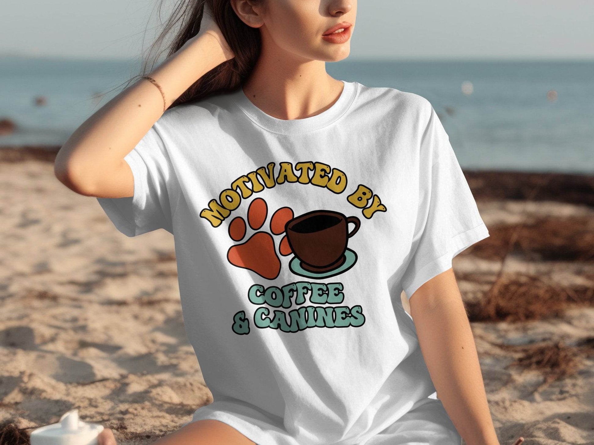 Motivated By Coffee Canines Graphic Art Novelty T-Shirt - Design & Vybe