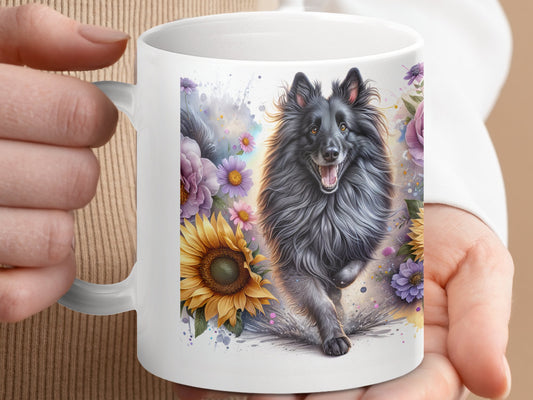 Energetic Dog Surrounded by Flowers on Mug product