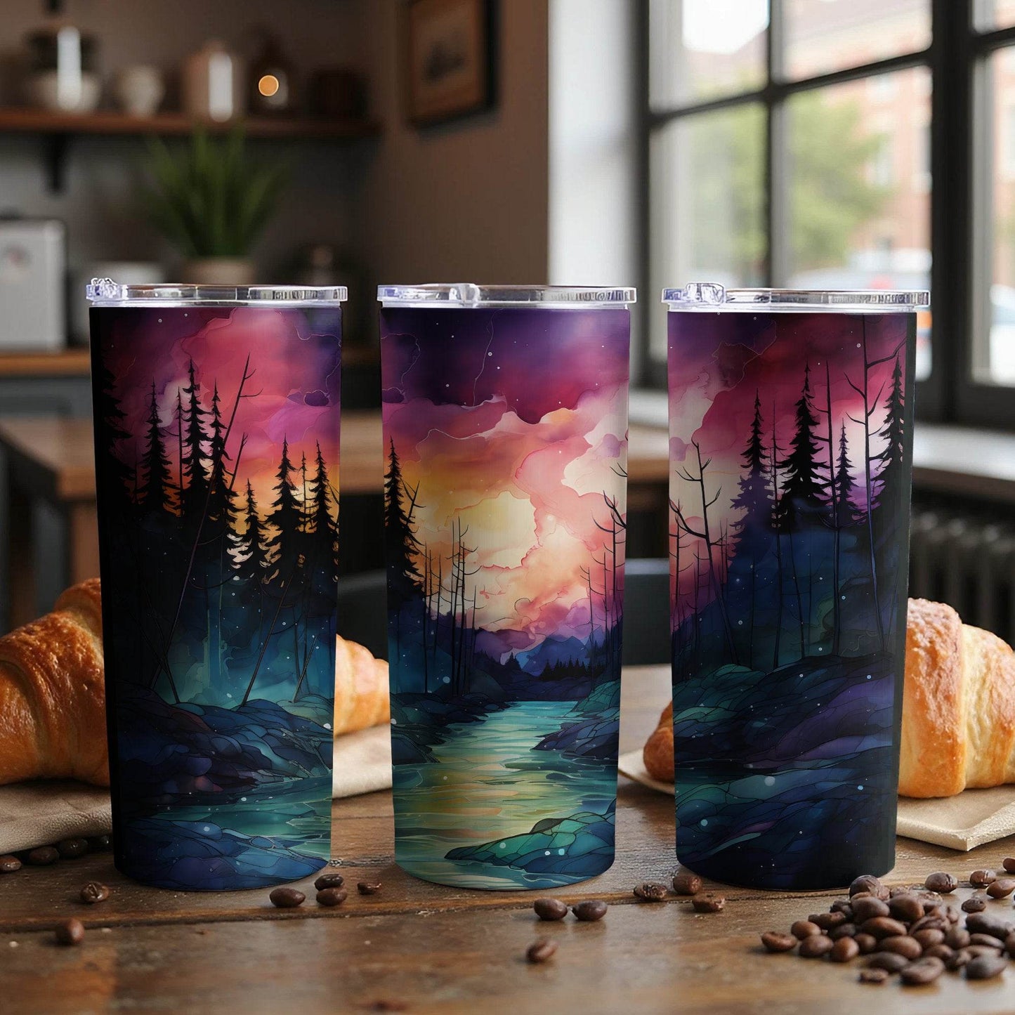Sunset Over Forest River Artistic Illustration Tumbler - Design & Vybe