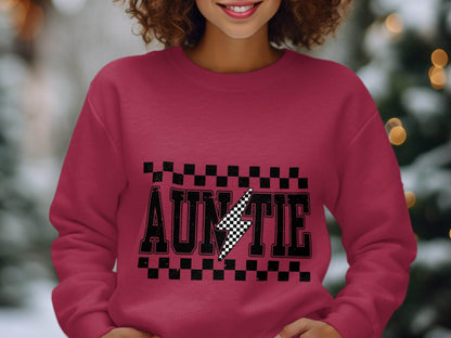 Auntie with Checkered Lightning Bolt Graphic Sweater - Design & Vybe