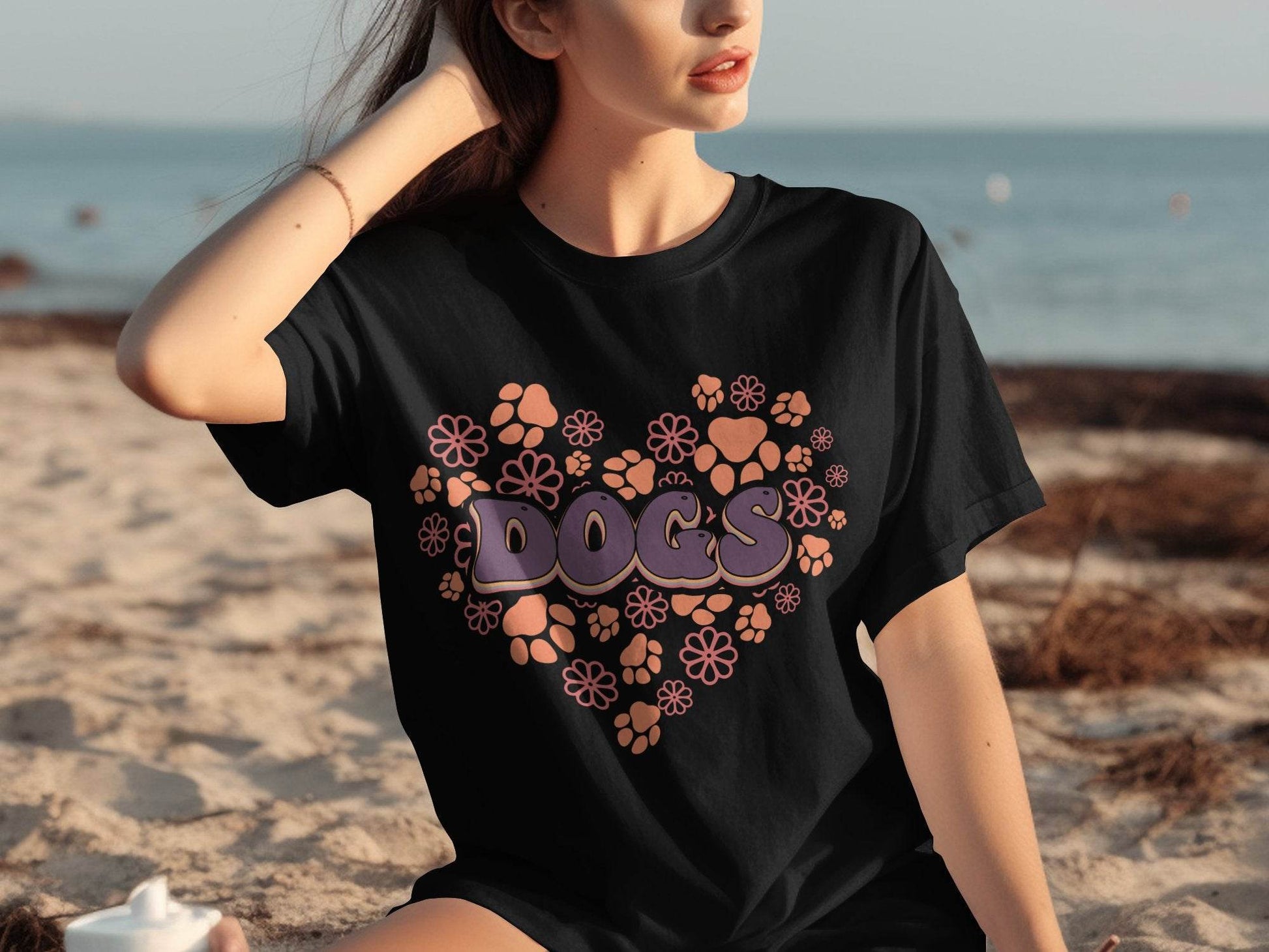 Retro Dogs Heart with Paw Prints and Flowers Design T-Shirt - Design & Vybe