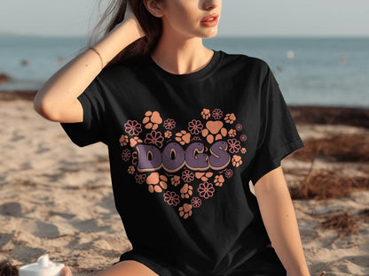Retro Dogs Heart with Paw Prints and Flowers Design T-Shirt - Design & Vybe