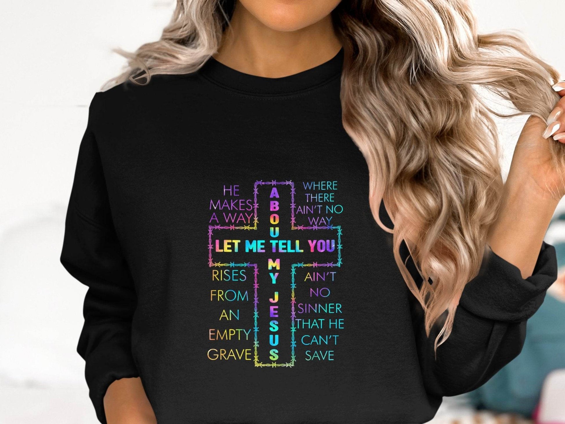 Let Me Tell You About About My Jesus Colorful Graphic Sweater - Design & Vybe