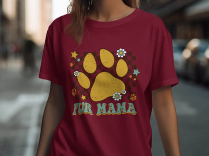 Fur Mama Paw Print Stars Flowers Checkered Pattern T-Shirt - Design & Vybe