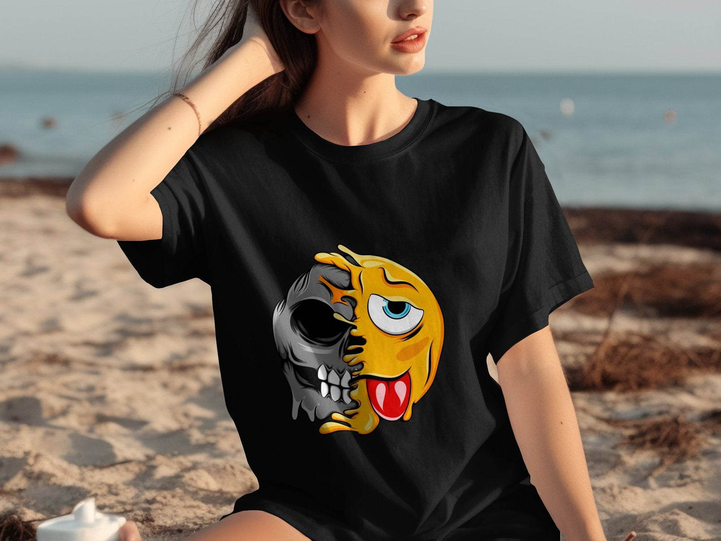 Edgy Skull and Funny Face Duality Creative Smiley T-Shirt - Design & Vybe