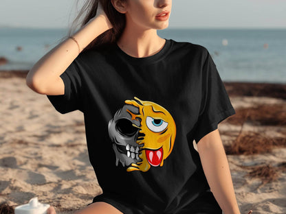 Edgy Skull and Funny Face Duality Creative Smiley T-Shirt - Design & Vybe