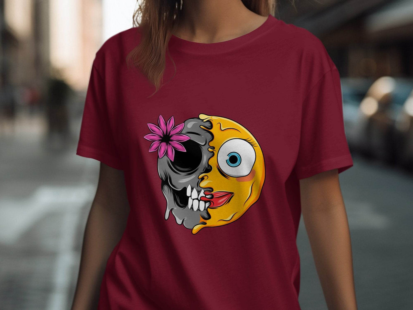 Half Skull and Happy Face Smiley Design T-Shirt - Design & Vybe