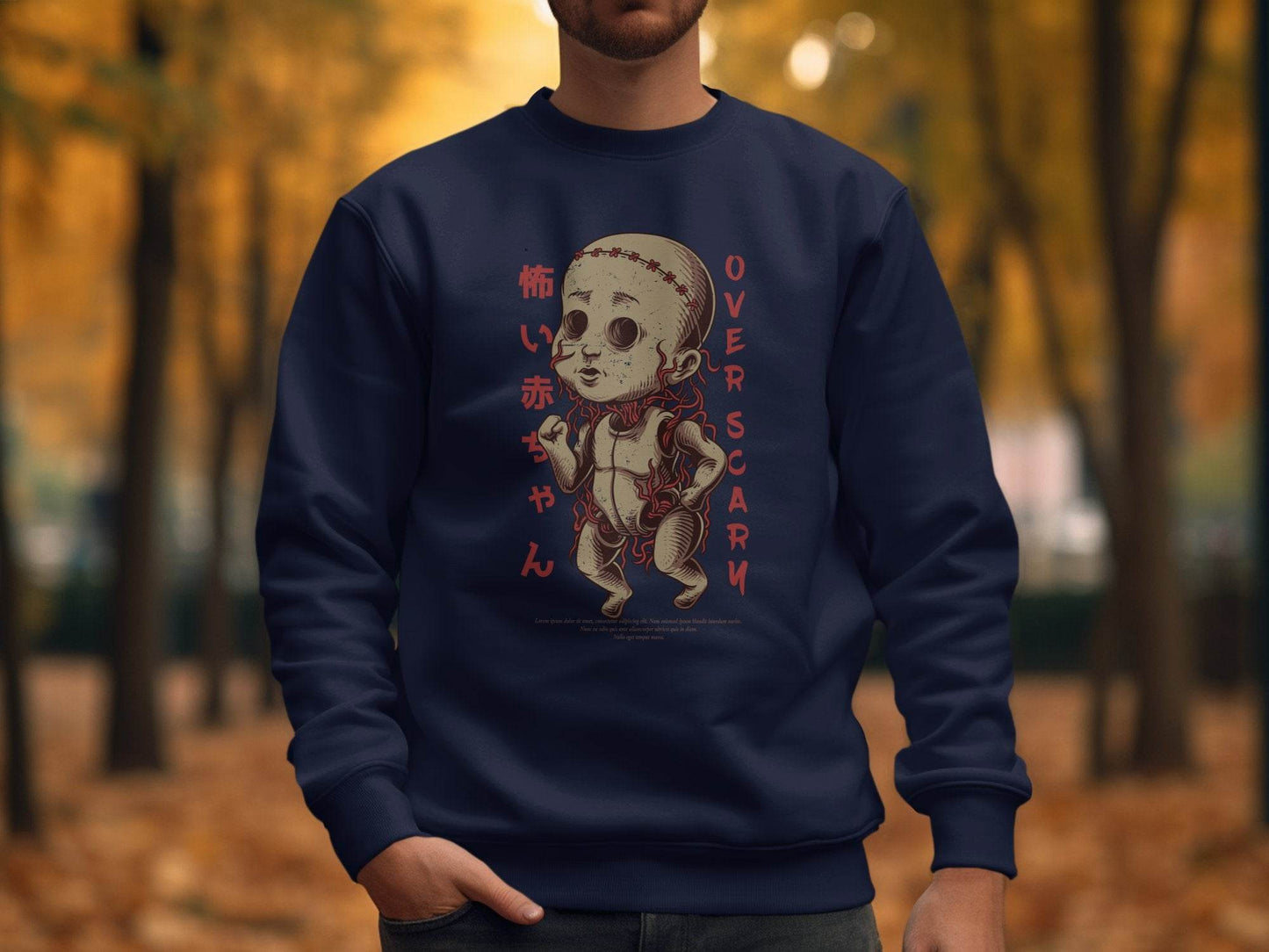 Scary Doll with Japanese Text Design Trendy Over Scary Sweater - Design & Vybe