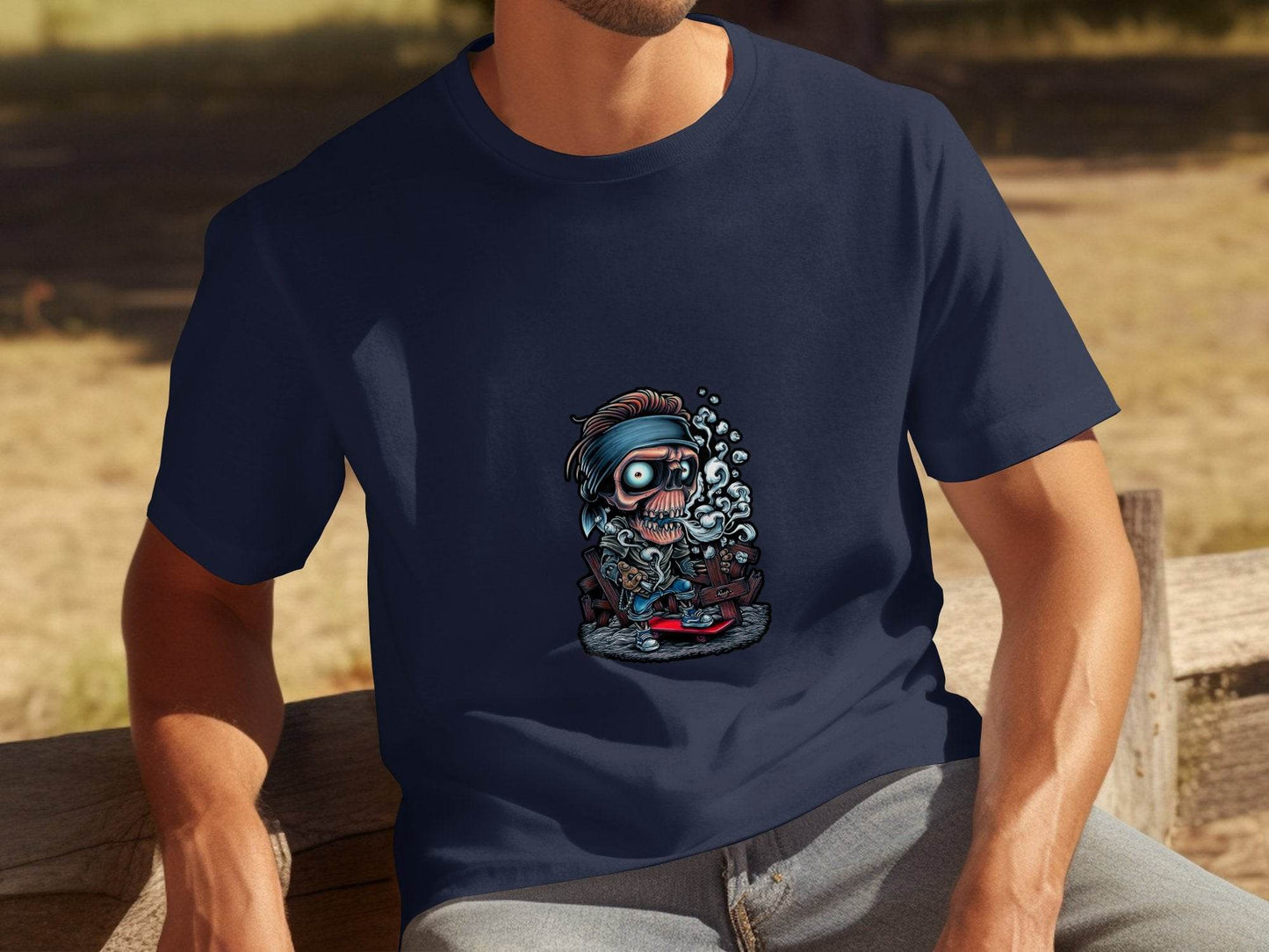 Skull On Skateboard Smoking Cartoon Art Illustration T-Shirt - Design & Vybe