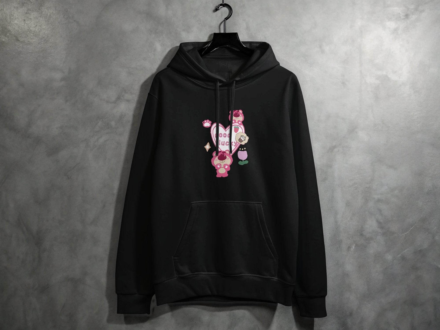 Cute Pink Bear With Good Lucky Heart Design Hoodie - Design & Vybe