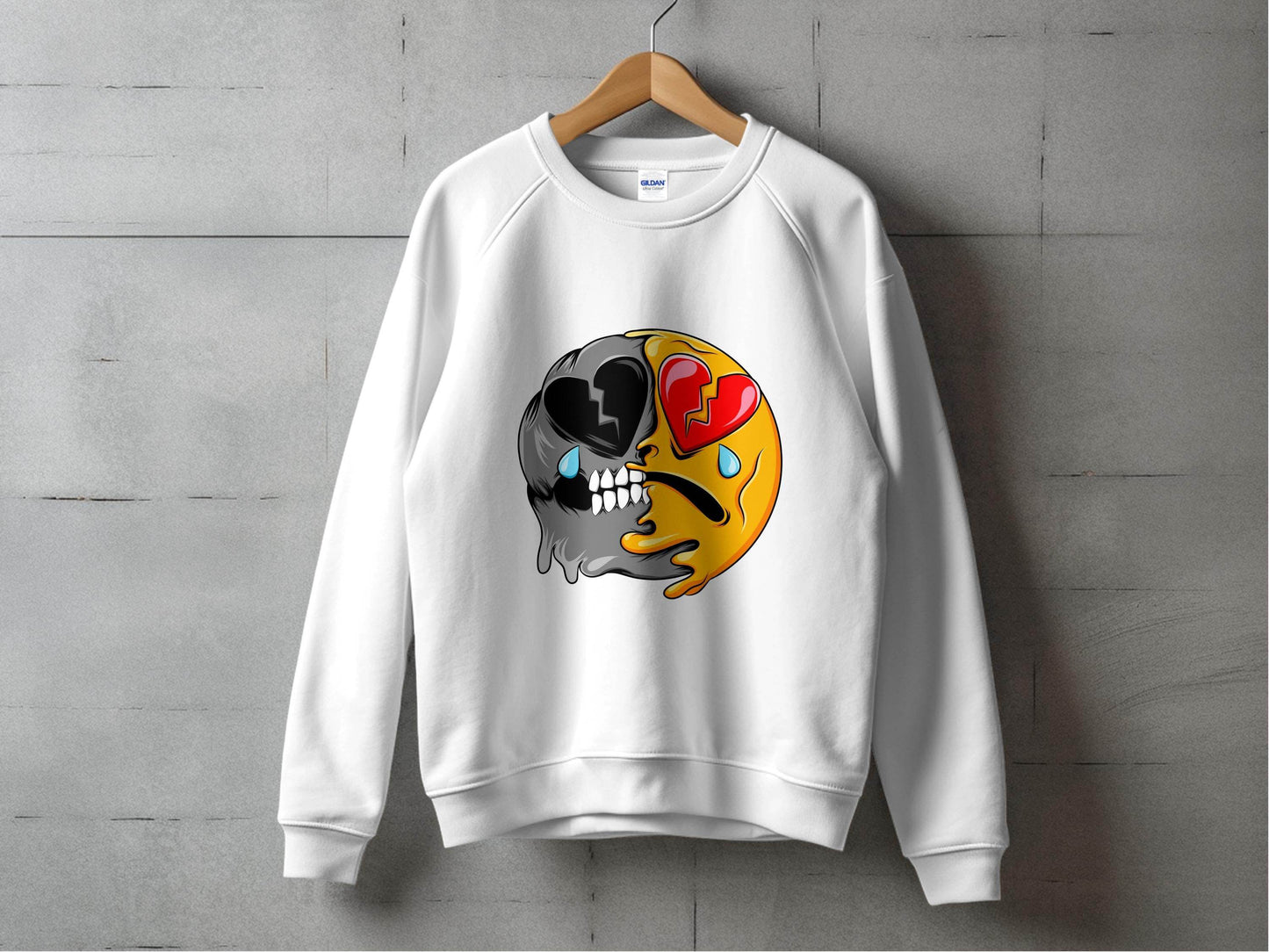 Dual Emotions Skull And Hearts Smiley Graphic Sweater - Design & Vybe