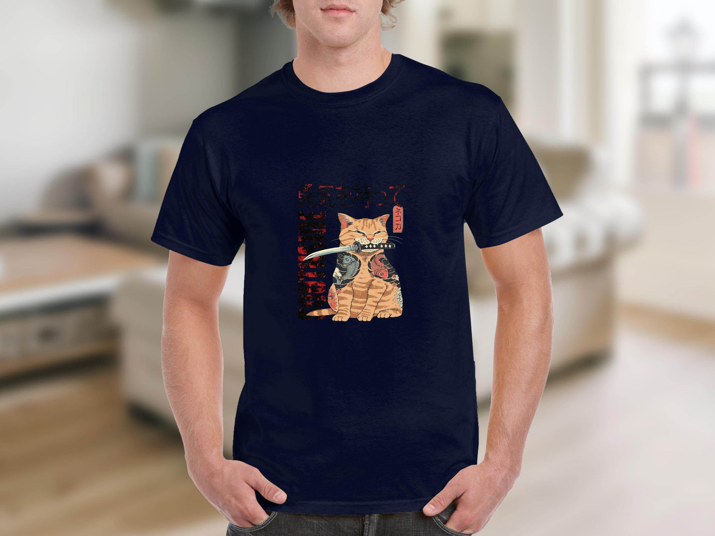 Tattooed Cat with Sword and Japanese Southside Text Design T-Shirt - Design & Vybe
