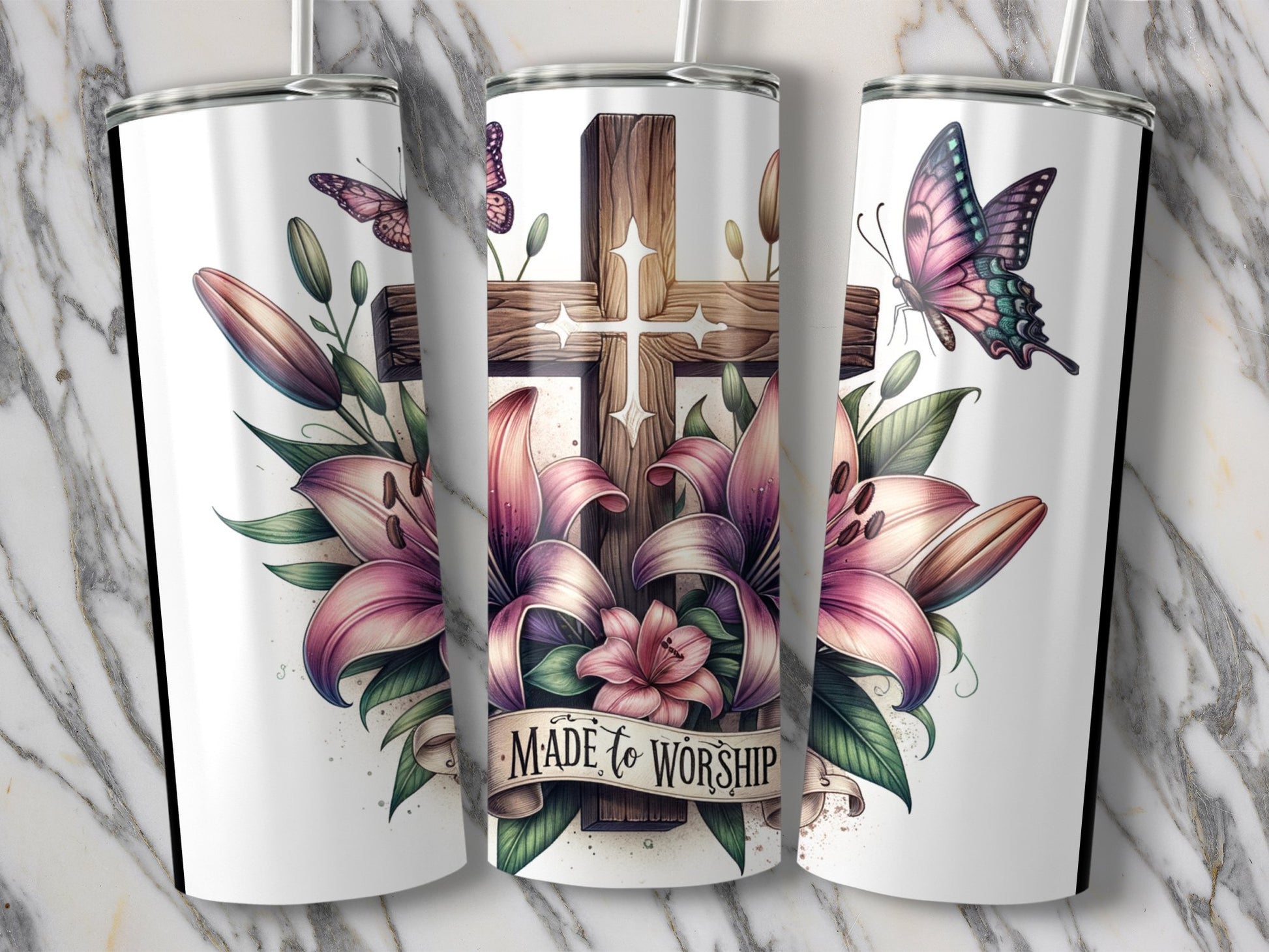 Christian Tumbler with Cross and Butterfly Design product