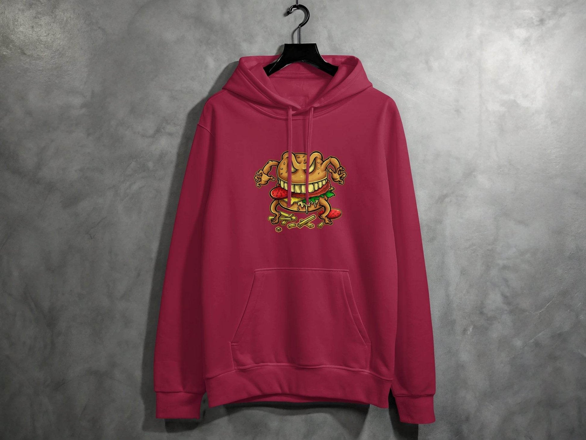 Quirky Cartoon Monster Cheeseburger Graphic Hoodie - Design & Vybe